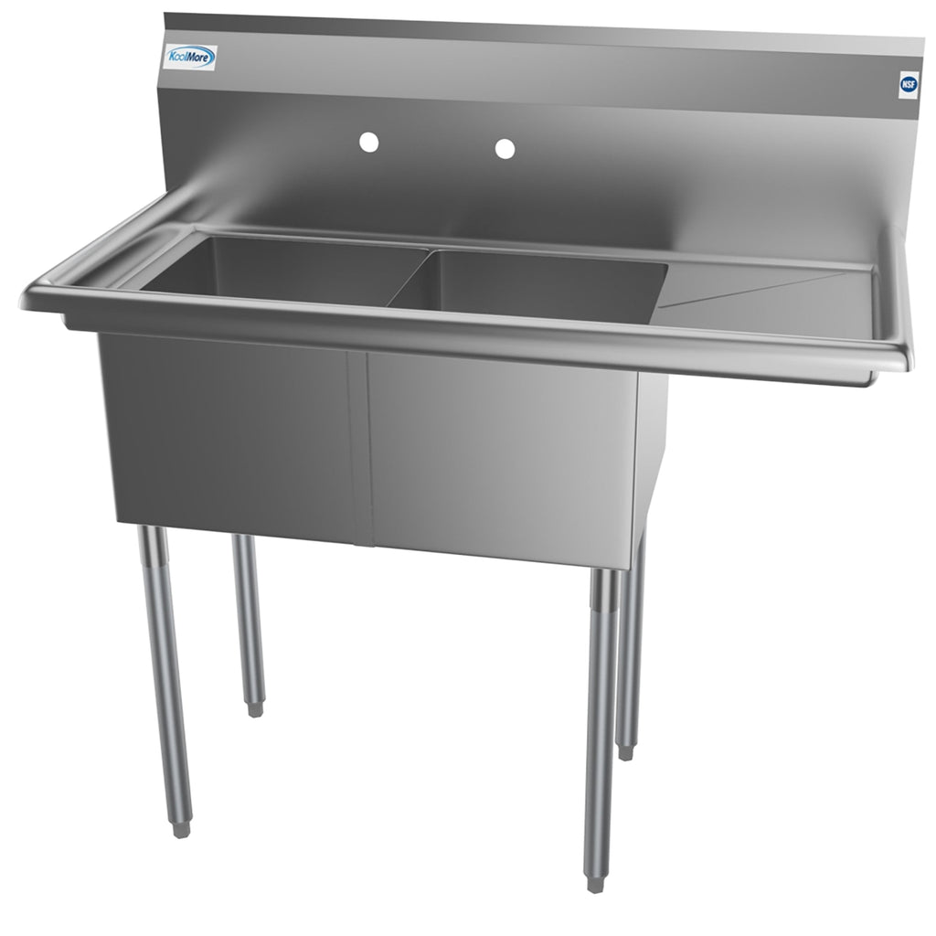 43 in. Two Compartment Stainless Steel Commercial Sink with Drainboard, Bowl Size 14"x 16"x 11"