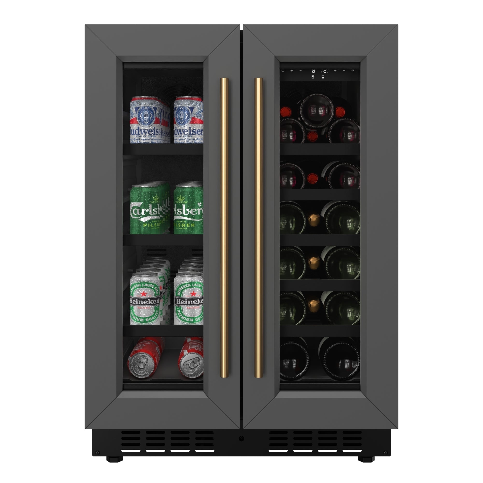 KoolMore Reserve 24 in. French Door Dual Zone Panel Ready Under-Counter Cooler with Black Shelves and 20 Bottle Capacity in the Right Zone and 2.1 Cu. Ft. on the Left in Black
