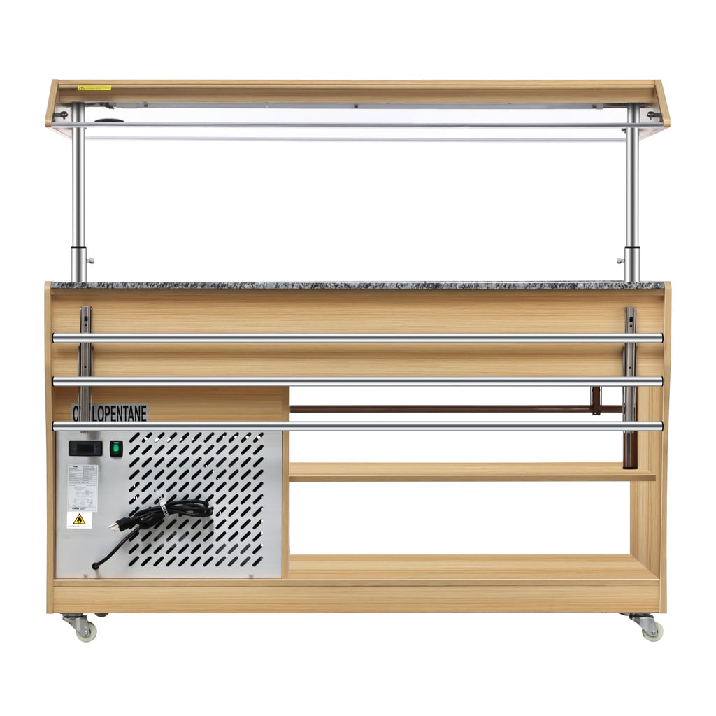 59 in. Commercial Refrigerated Buffet Table with Capacity for 4 Full-Size GN Pans, Featuring Adjustable Cover, a Serving Rail and 4 Lockable Casters in Wooden Finish