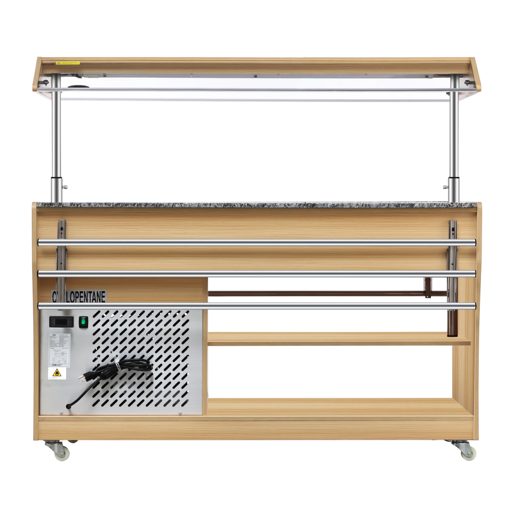 59 in. Commercial Refrigerated Buffet Table with Capacity for 4 Full-Size GN Pans, Featuring Adjustable Cover, a Serving Rail and 4 Lockable Casters in Wooden Finish