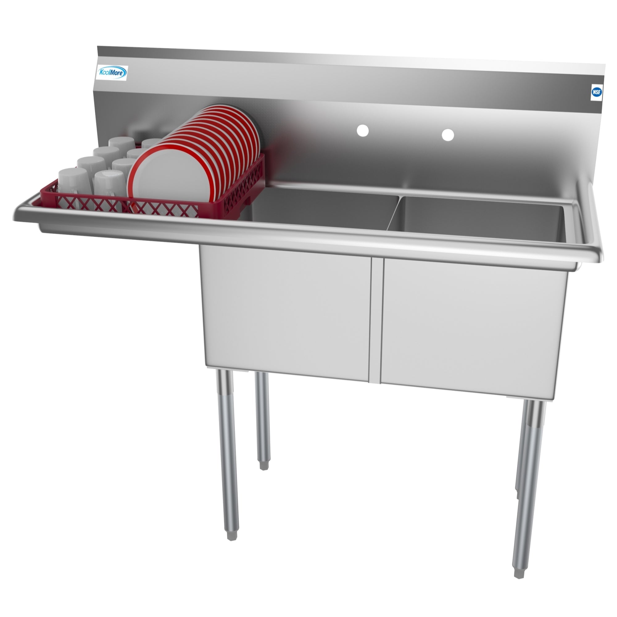 48 in. Two Compartment Stainless Steel Commercial Sink with 2 Drainboards, Bowl Size 15"x 15"x 12"