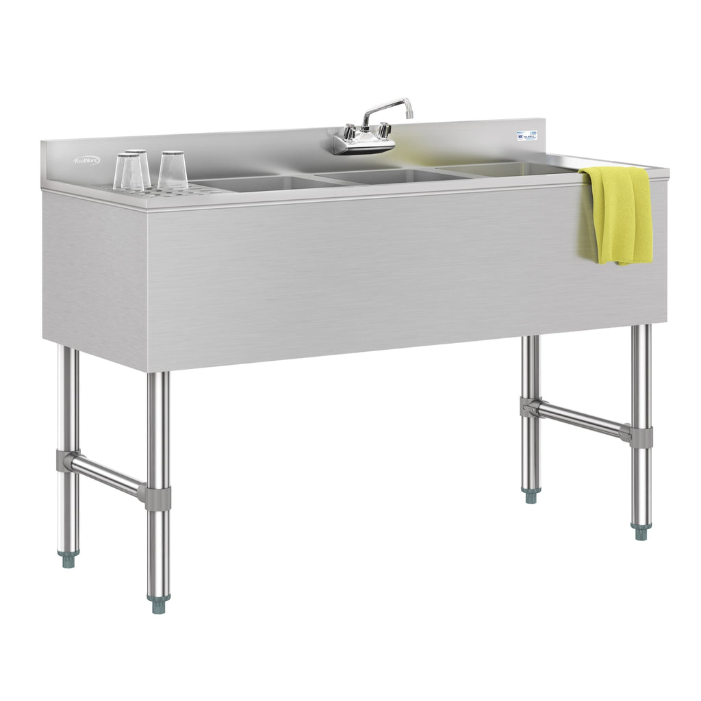 48 in. Three-Compartment Commercial Under-Bar Sink with 3 in. Backsplash, Left Drainboard and Low Lead Faucet, NSF Certified in Stainless Steel