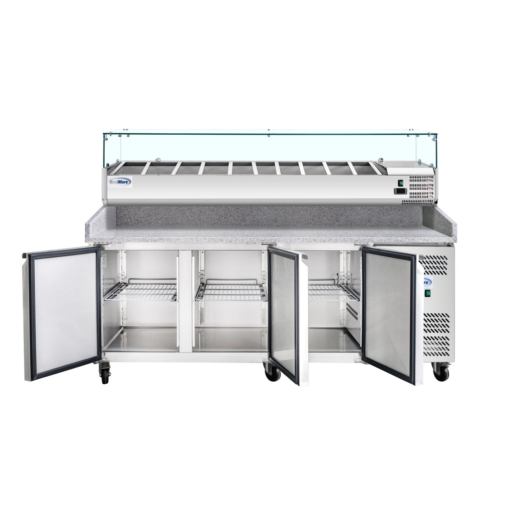 79 in. Three-Door Commercial Refrigerated Granite Top Pizza Prep Station With a Refrigerated Stainless-Steel Condiment Pan Holder