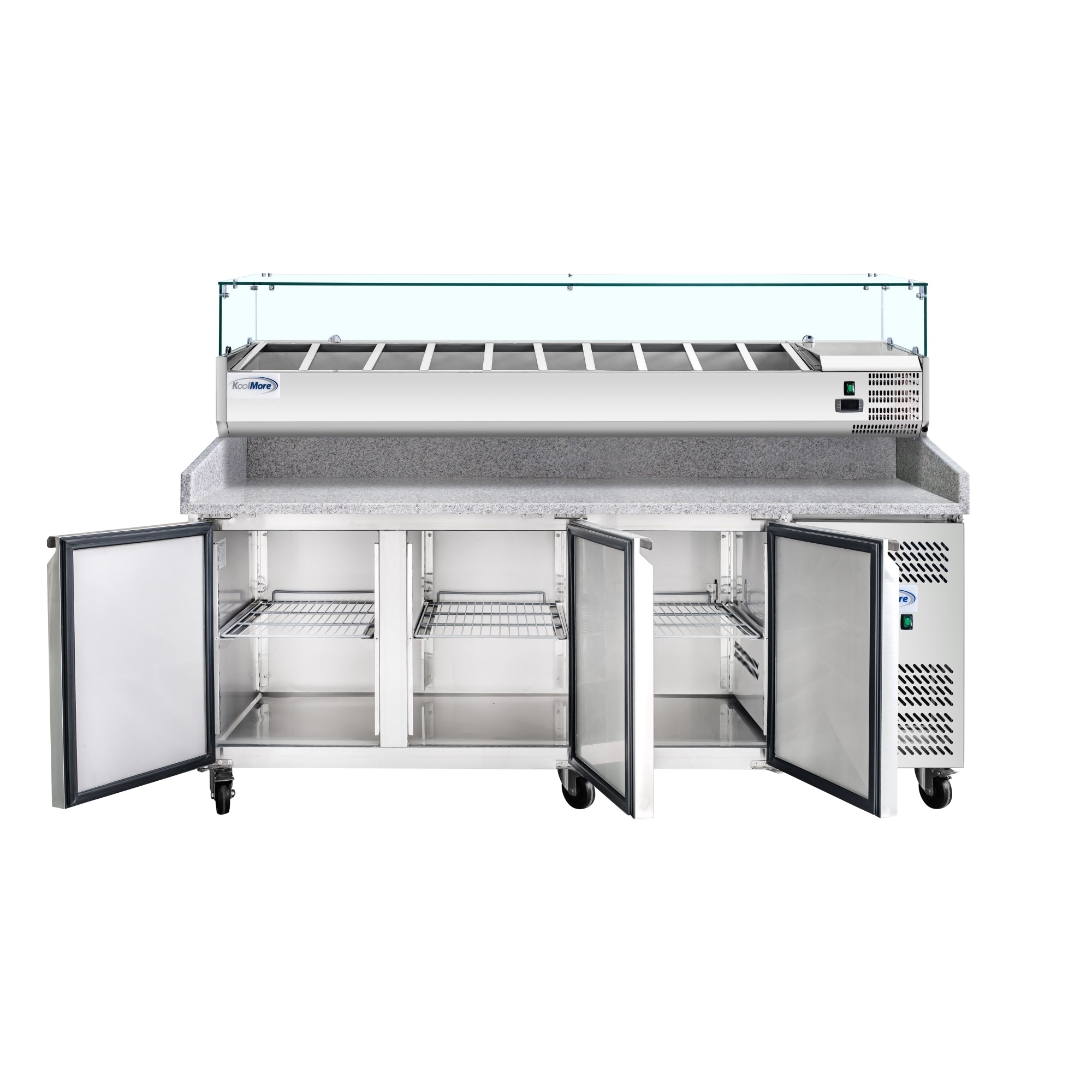 79 in. Three-Door Commercial Refrigerated Granite Top Pizza Prep Station With a Refrigerated Stainless-Steel Condiment Pan Holder