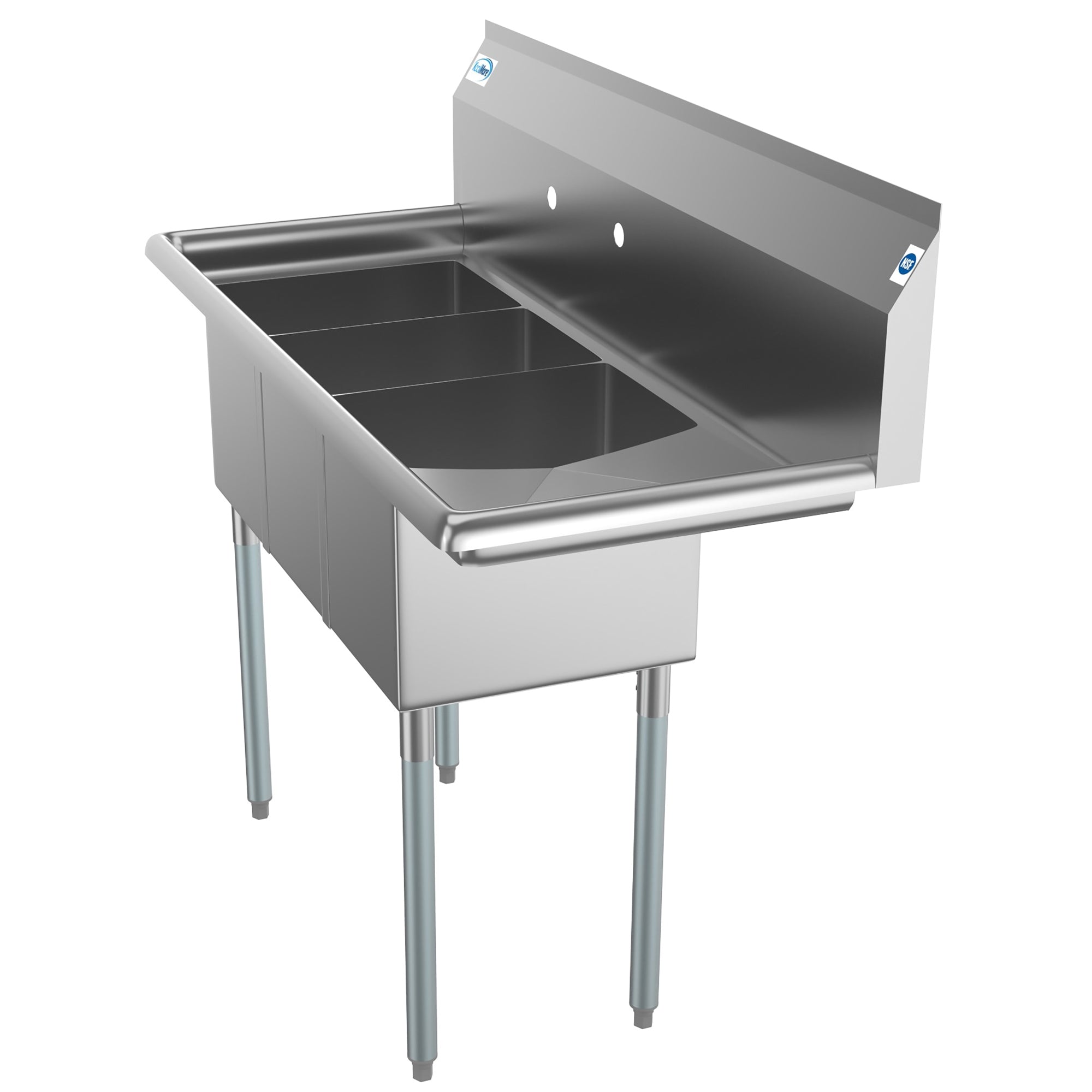 45 in. Three Compartment Stainless Steel Commercial Sink with Drainboard, Bowl Size 10"x 14"x 10"