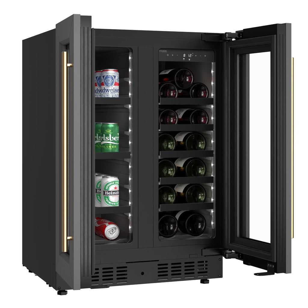 KoolMore Reserve 24 in. French Door Dual Zone Panel Ready Under-Counter Cooler with Black Shelves and 20 Bottle Capacity in the Right Zone and 2.1 Cu. Ft. on the Left in Black