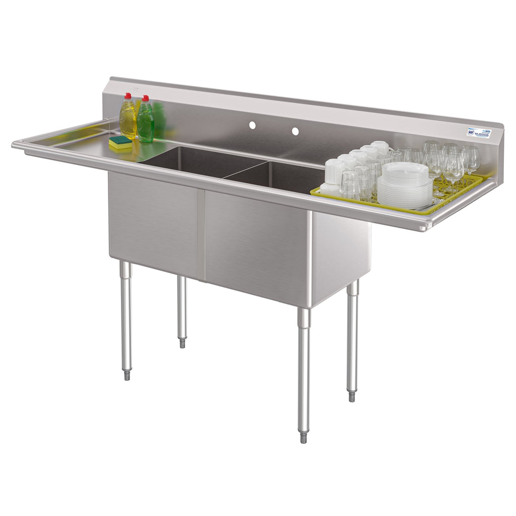 72 in. 18-Gauge 2-Compartment Commercial Sink with Backsplash and Dual 18 in. Drainboards, Bowl Dimensions 18"x18"x14" in Stainless-Steel