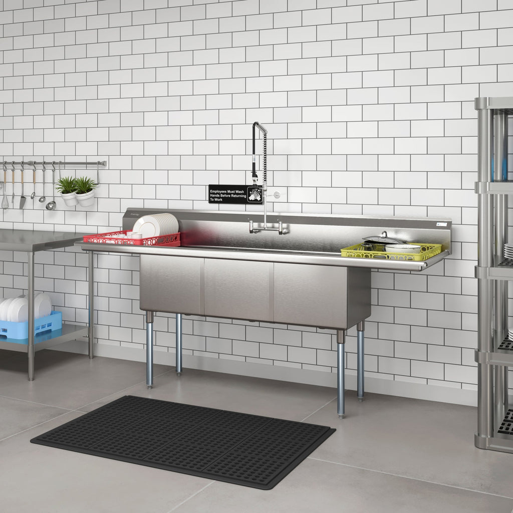 90 in. Three Compartment Commercial Sink Bowl Size 18x18x14 18-Gauge Stainless-Steel with 2 Drainboards