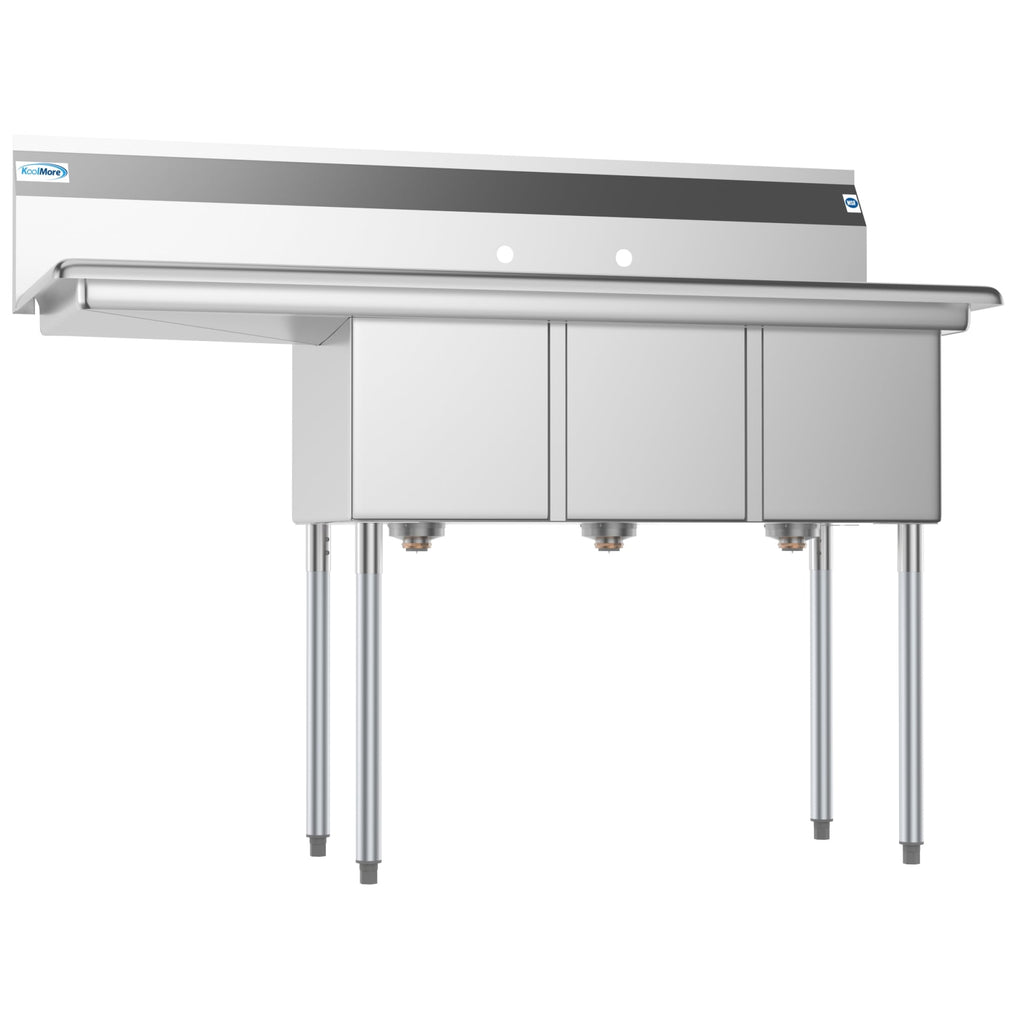 55 in. Three Compartment Stainless Steel Commercial Sink with Drainboard, Bowl Size 12"x 16"x 10"
