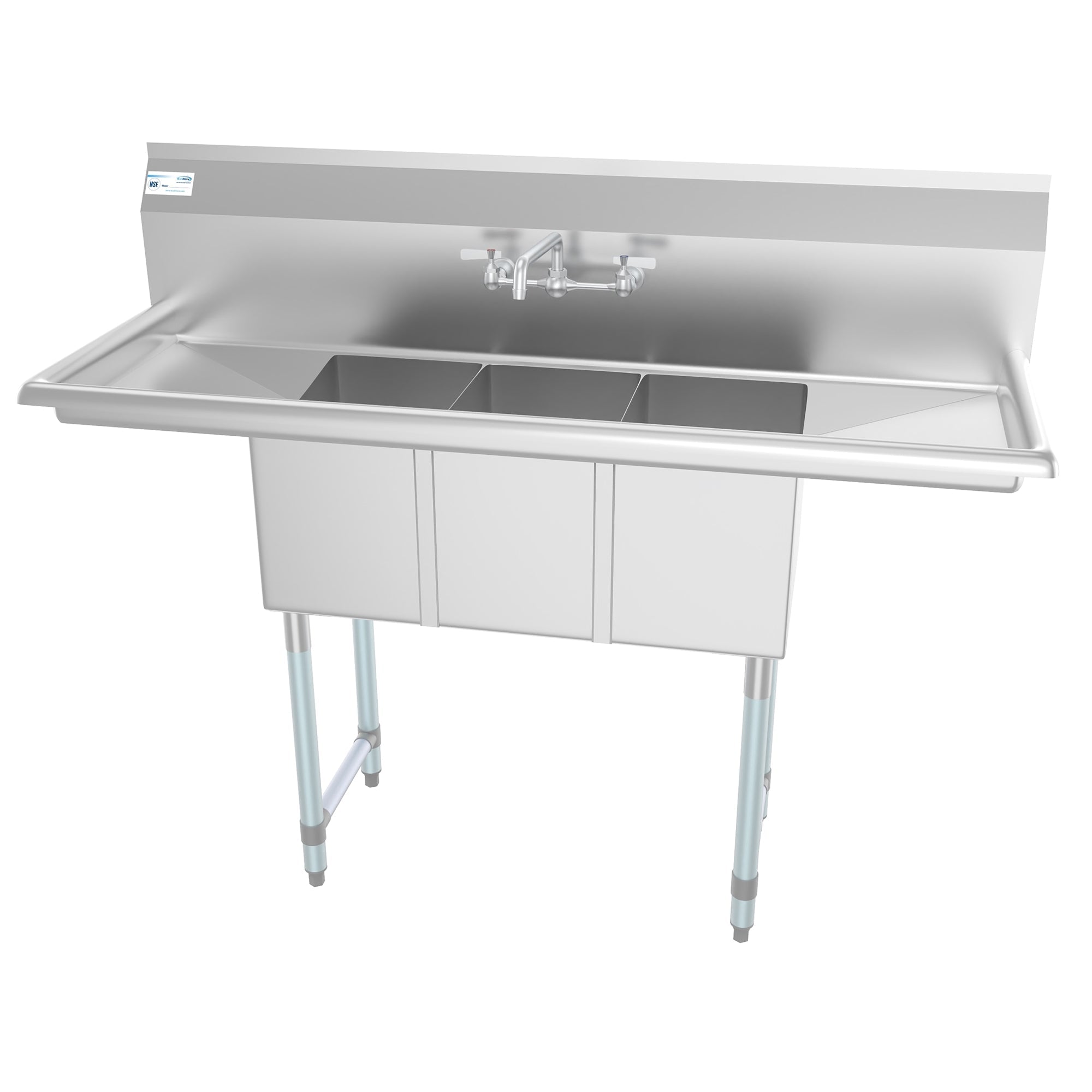 54 in. Three Compartment Stainless Steel Commercial Sink with Faucet and Drainboards, Bowl Size 10"x 10"x 14" SC101410-12B3FA .