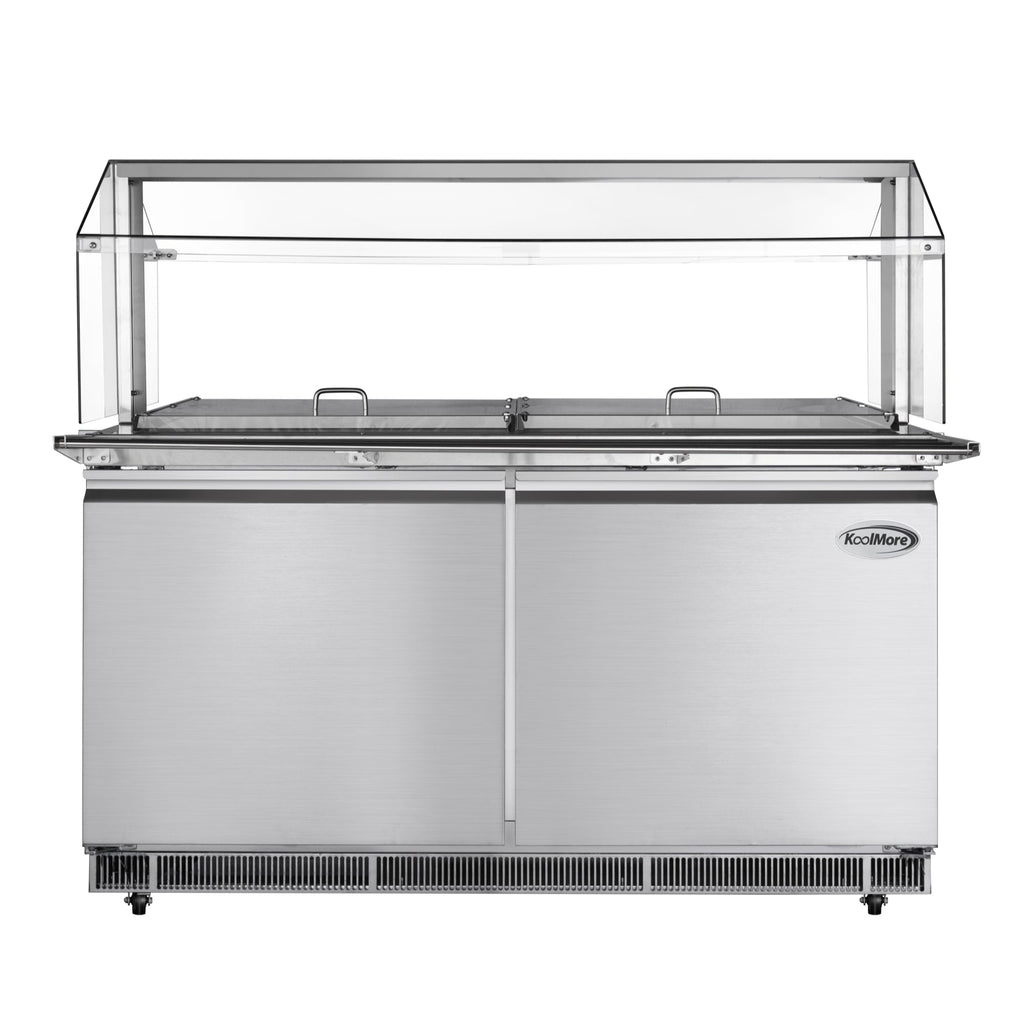 60 in. Commercial Refrigerated Prep Station with Sneeze Guard and Buffet Slide, 12-Pan (Not Included) Capacity with Covers and Two Adjustable Shelves in Stainless-Steel, ETL Listed