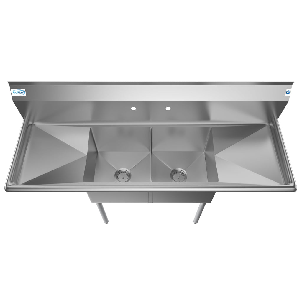 60 in. Two Compartment Stainless Steel Commercial Sink with 2 Drainboards, Bowl Size 15"x 15"x 12"