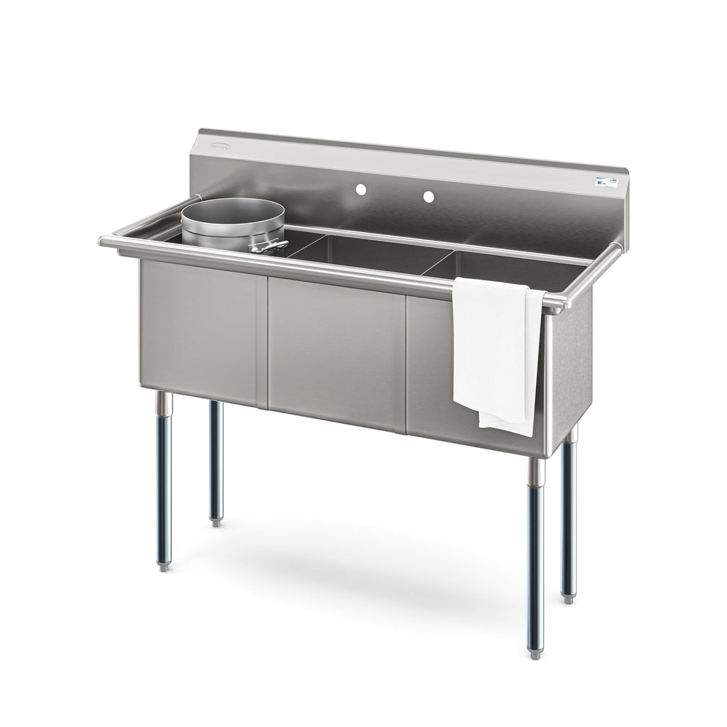 51 in. Three Compartment Commercial Sink, Bowl Size 15x15x14, 18 Gauge Stainless-Steel