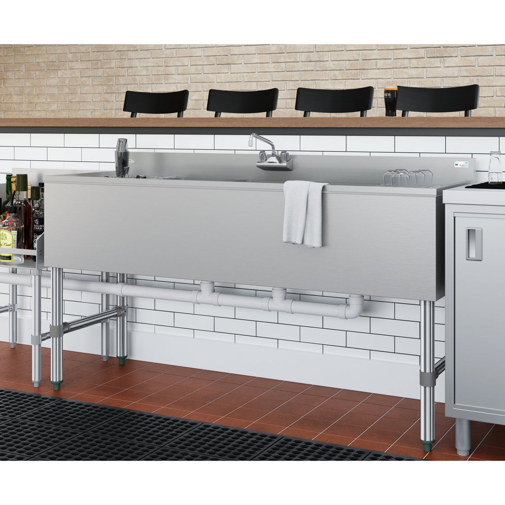 60 in. Three-Compartment Commercial Bar-Sink with 3 in. Backsplash, Dual Drainboards with Low Lead Faucet, NSF Certified in Stainless-Steel