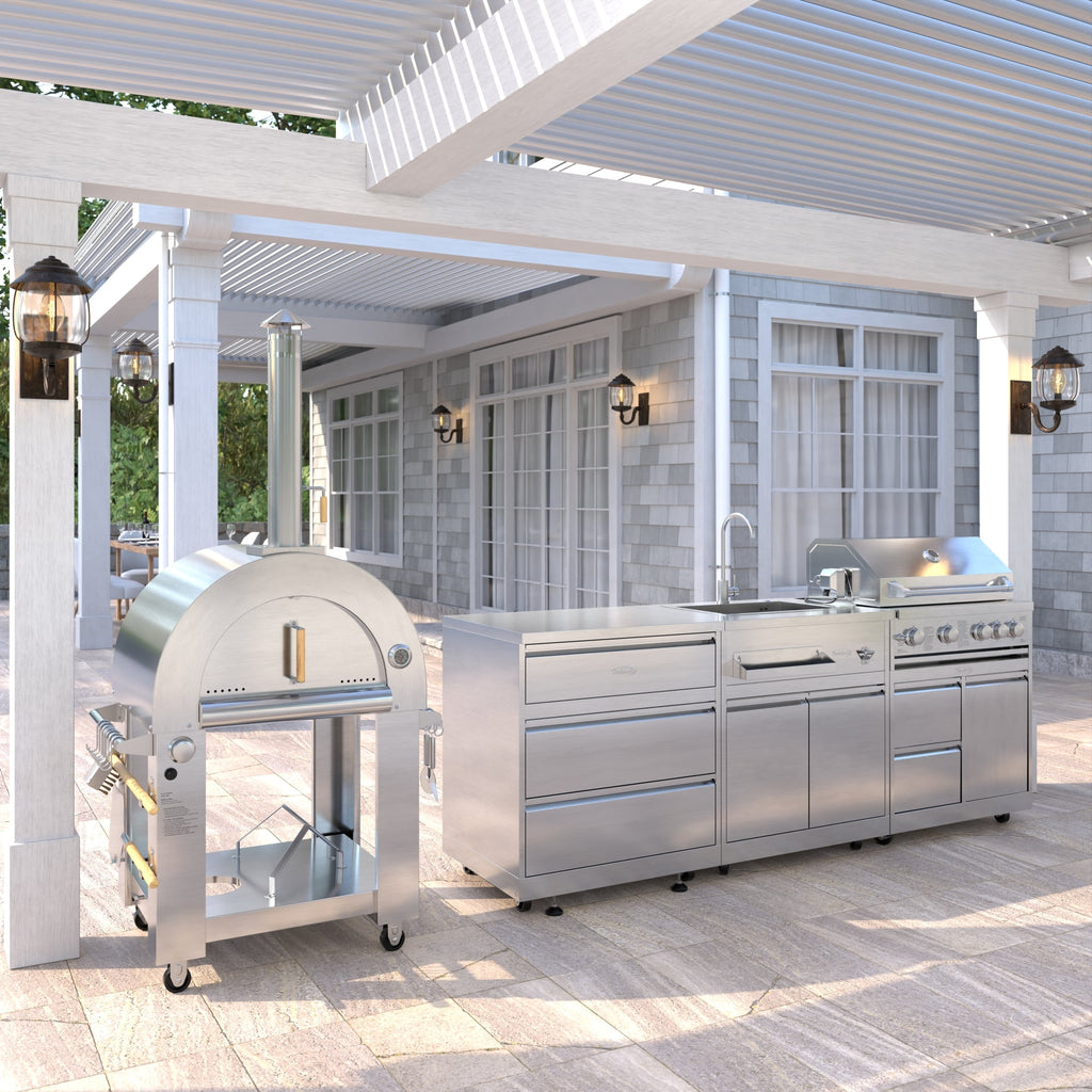 KoolMore Outdoor Kitchen Series Modular Kitchen with a Dual Fuel Pizza Oven, 3 Drawer Cabinet, Sink, 30 in. BBQ Grill and Cabinet in Stainless-Steel