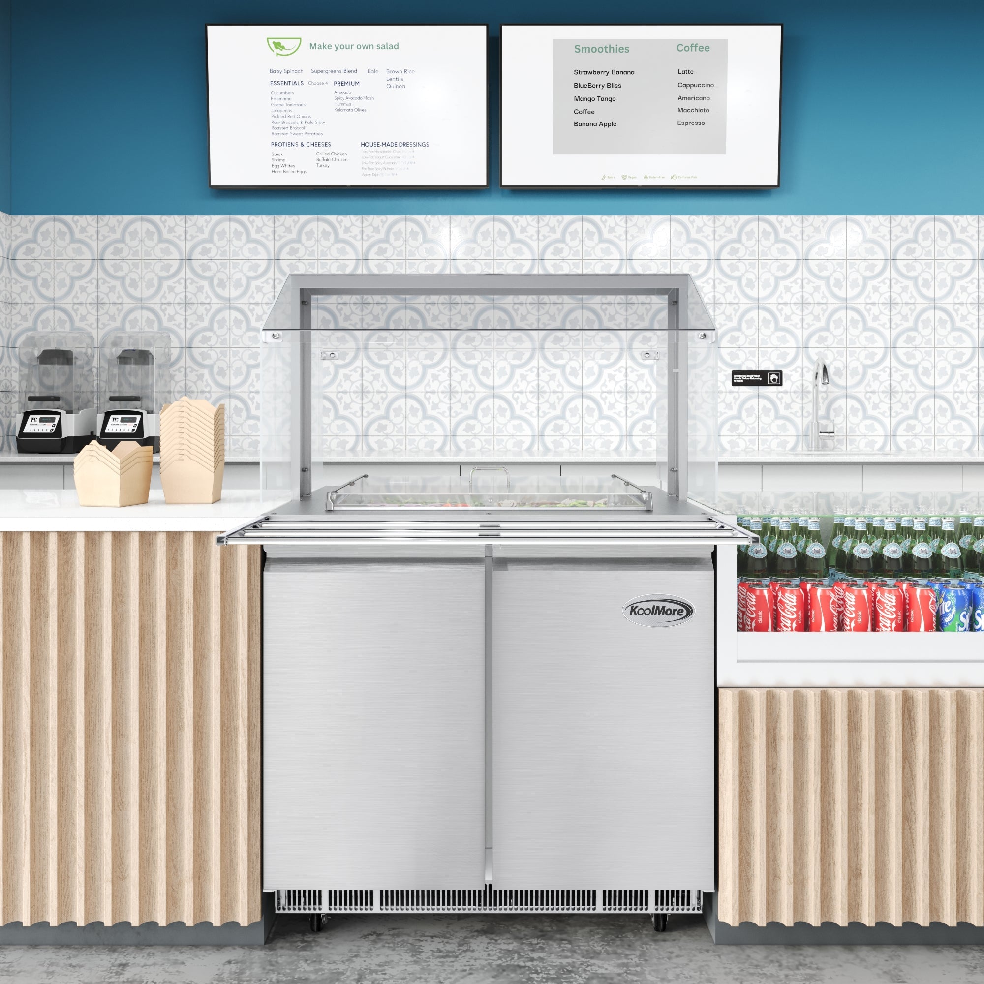 36 in. Commercial Refrigerated Prep Station with Sneeze Guard and Buffet Slide, 6-Pan (Not Included) with Cover Capacity and Two Adjustable Shelves in Stainless Steel, ETL Listed