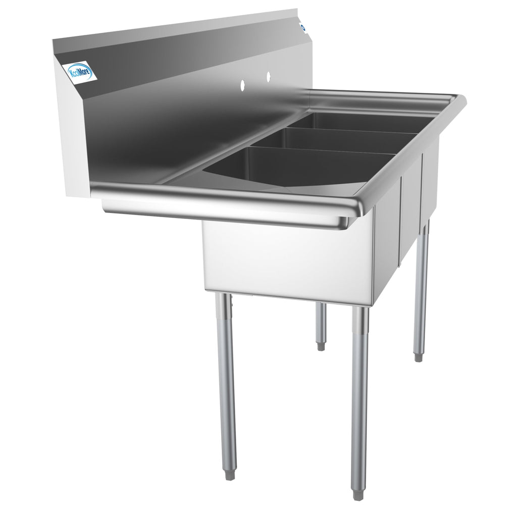 55 in. Three Compartment Stainless Steel Commercial Sink with Drainboard, Bowl Size 12"x 16"x 10"