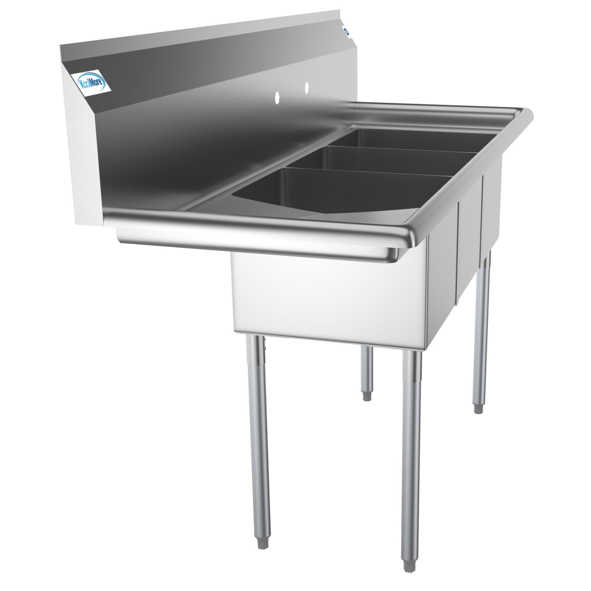 55 in. Three Compartment Stainless Steel Commercial Sink with Drainboard, Bowl Size 12"x 16"x 10"