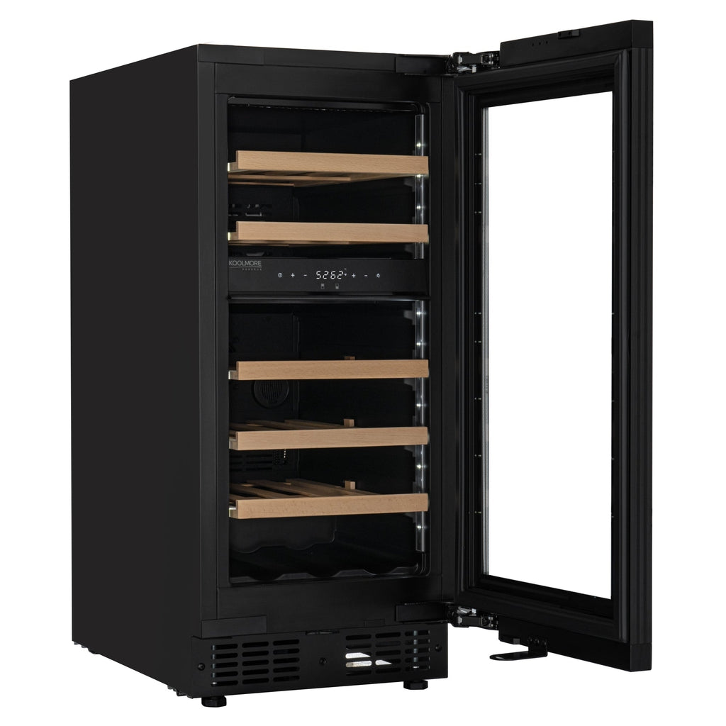 KoolMore Reserve 15 in. Under-Counter Panel Ready Dual Zone Built-in Wine Cooler with 23 Bottle Capacity and Wooden Shelves in Black