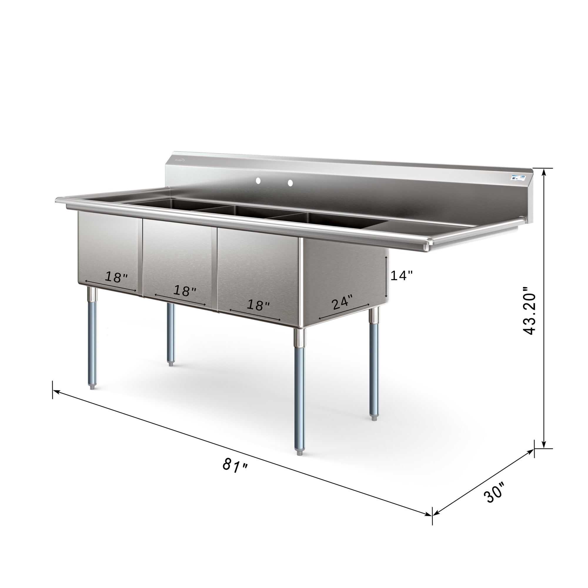 81 in. Three Compartment Commercial Sink Bowl Size 18x24x14 Stainless-Steel 18 Gauge with Right Drainboard