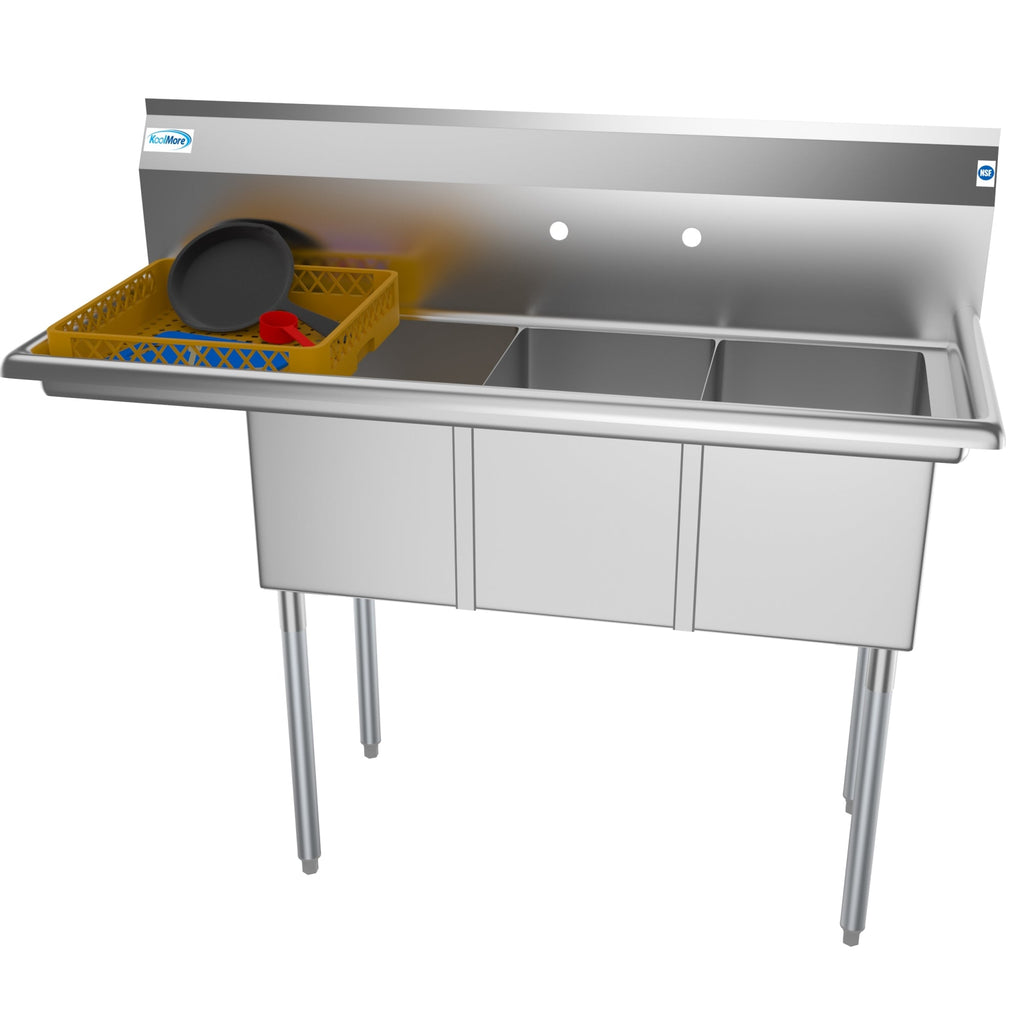 51 in. Three Compartment Stainless Steel Commercial Sink with Drainboard, Bowl Size 12"x 16"x 10"