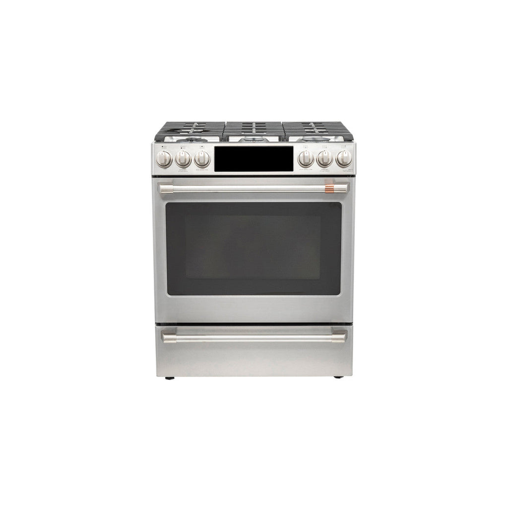 CAFÉ™ 30" Smart Slide-In, Front-Control, Dual-Fuel Range with Warming Drawer