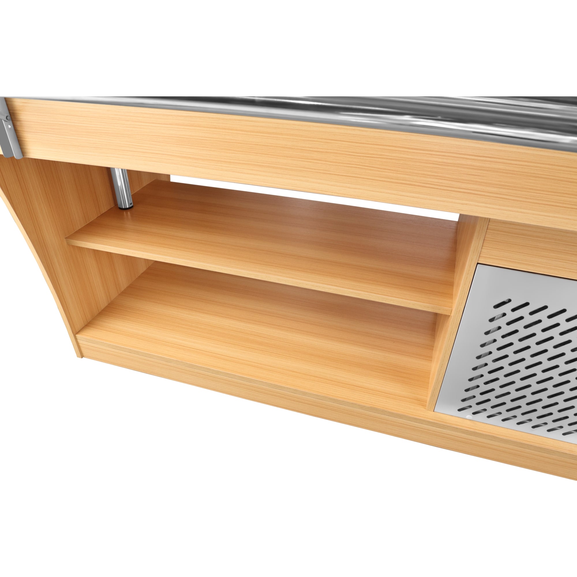 59 in. Commercial Refrigerated Buffet Table with Capacity for 4 Full-Size GN Pans, Featuring Adjustable Cover, a Serving Rail and 4 Lockable Casters in Wooden Finish
