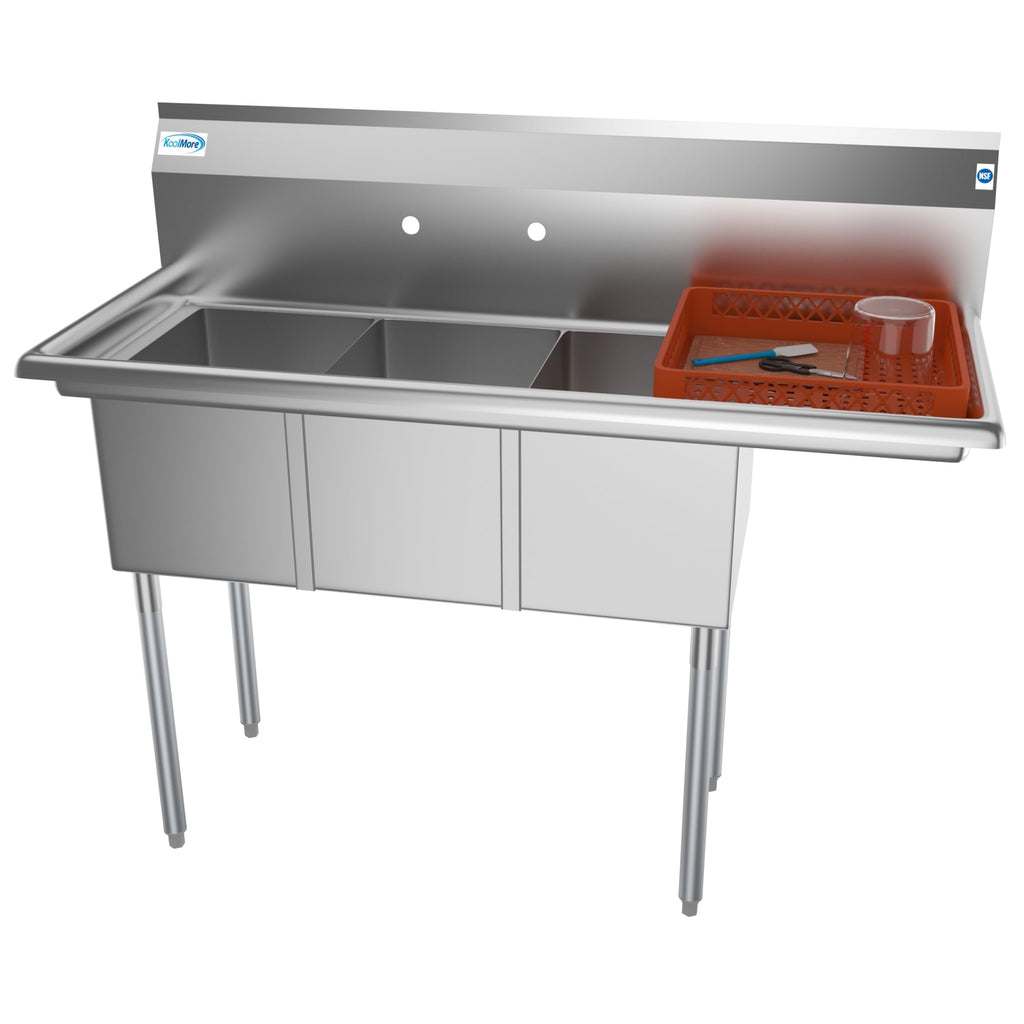 51 in. Three Compartment Stainless Steel Commercial Sink with Drainboard, Bowl Size 12"x 16"x 10"