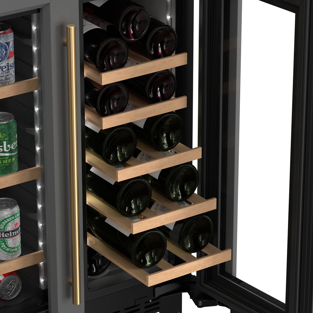 KoolMore Reserve 24 in. French Door Dual Zone Panel Ready Under-Counter Cooler with Wooden Shelves and 20 Bottle Capacity in the Right Zone and 2.1 Cu. Ft. on the Left in Black