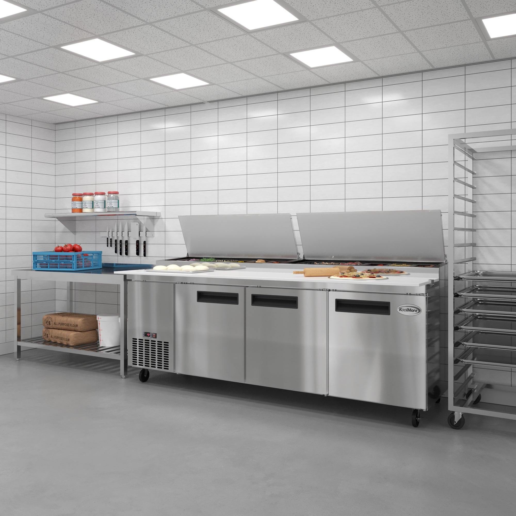 92 In. Three Door Commercial Pizza Prep Refrigerator in Stainless-Steel