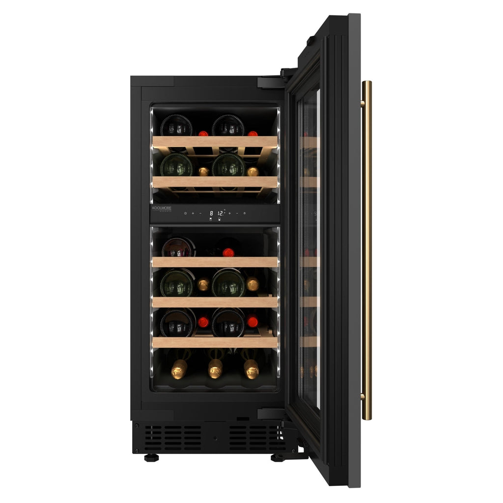 KoolMore Reserve 15 in. Under-Counter Panel Ready Dual Zone Built-in Wine Cooler with 23 Bottle Capacity and Wooden Shelves in Black