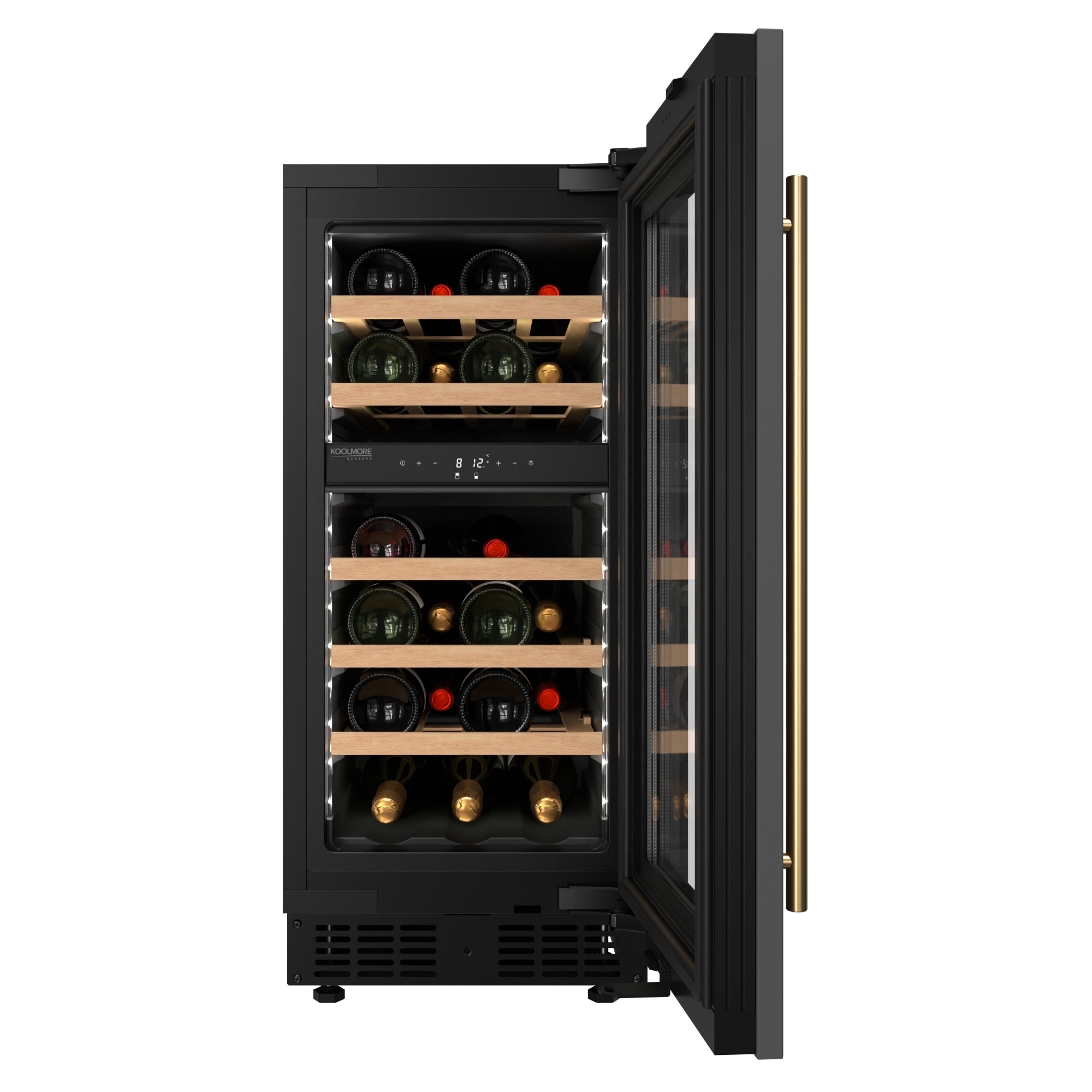 KoolMore Reserve 15 in. Under-Counter Panel Ready Dual Zone Built-in Wine Cooler with 23 Bottle Capacity and Wooden Shelves in Black