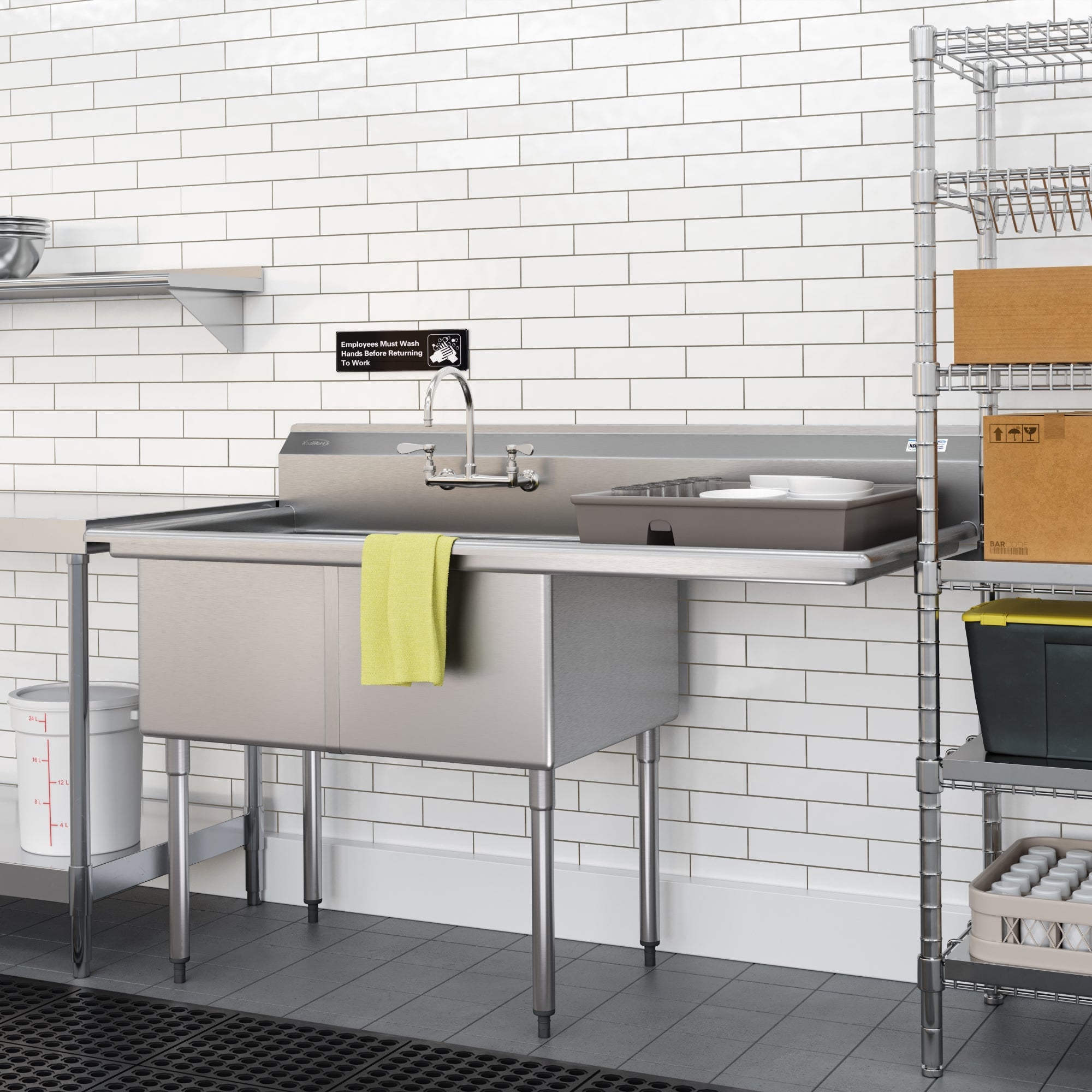 63 in. 18-Gauge 2-Compartment Commercial Sink with Backsplash and 24 in. Right Drainboard, Bowl dimensions 18"x24"x14" in Stainless-Steel