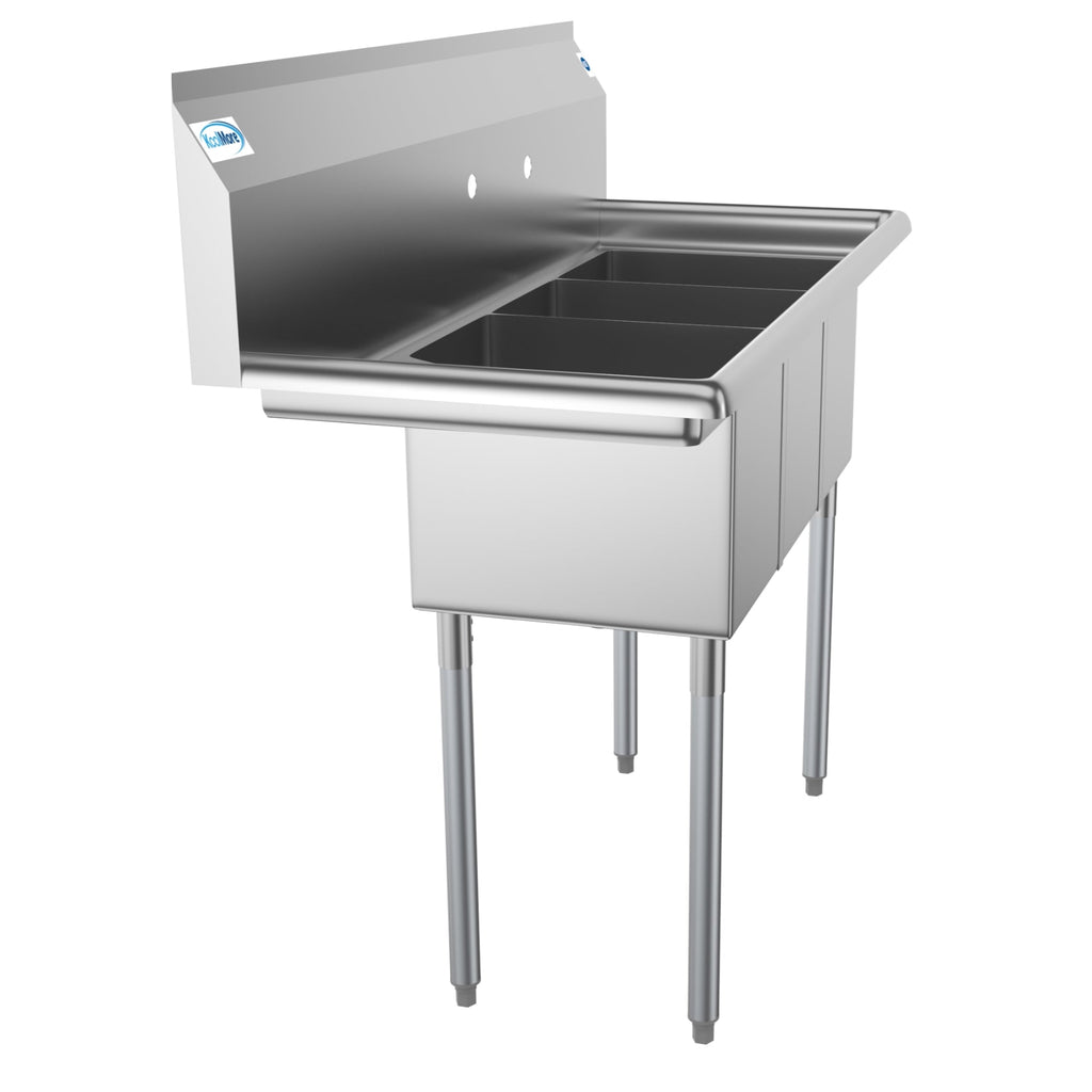 45 in. Three Compartment Stainless Steel Commercial Sink with Drainboard, Bowl Size 10"x 14"x 10"
