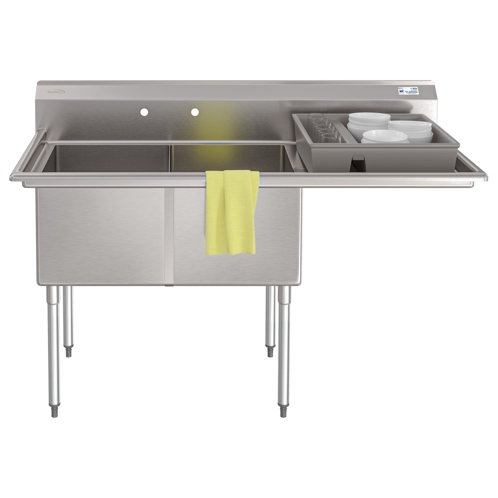 63 in. 18-Gauge 2-Compartment Commercial Sink with Backsplash and 24 in. Right Drainboard, Bowl dimensions 18"x24"x14" in Stainless-Steel