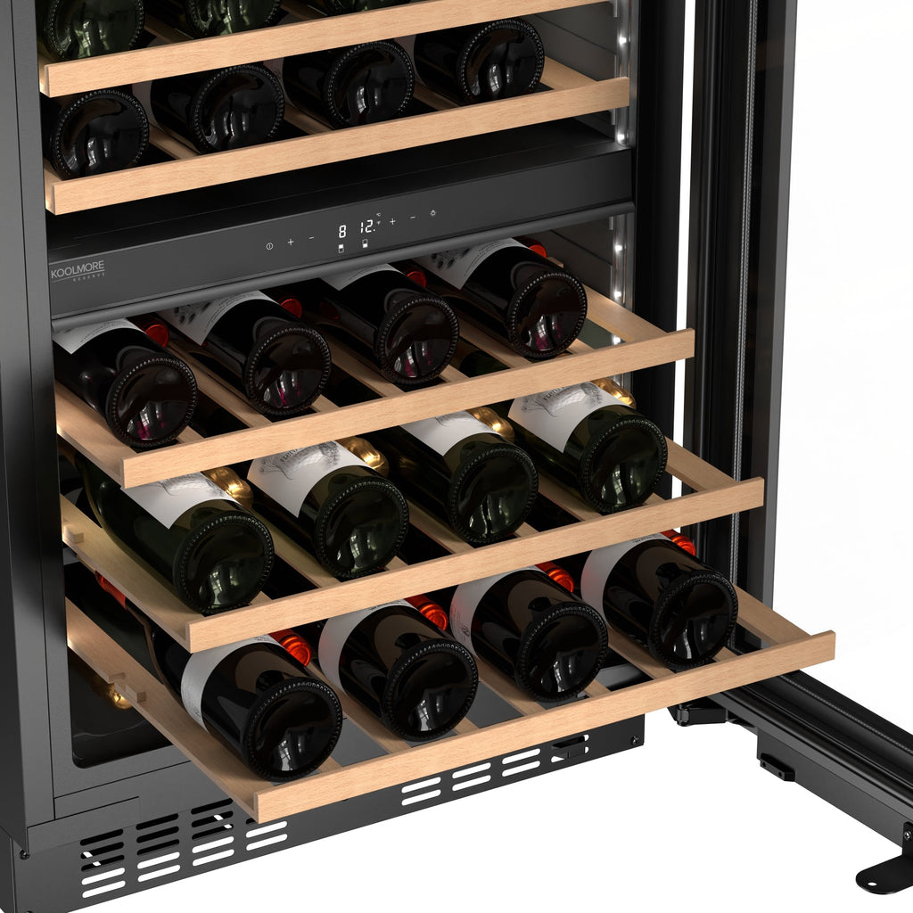KoolMore Reserve 24 in. Under-Counter Panel Ready Dual Zone Built-in Wine Cooler with 45 Bottle Capacity and Wooden Shelves in Black