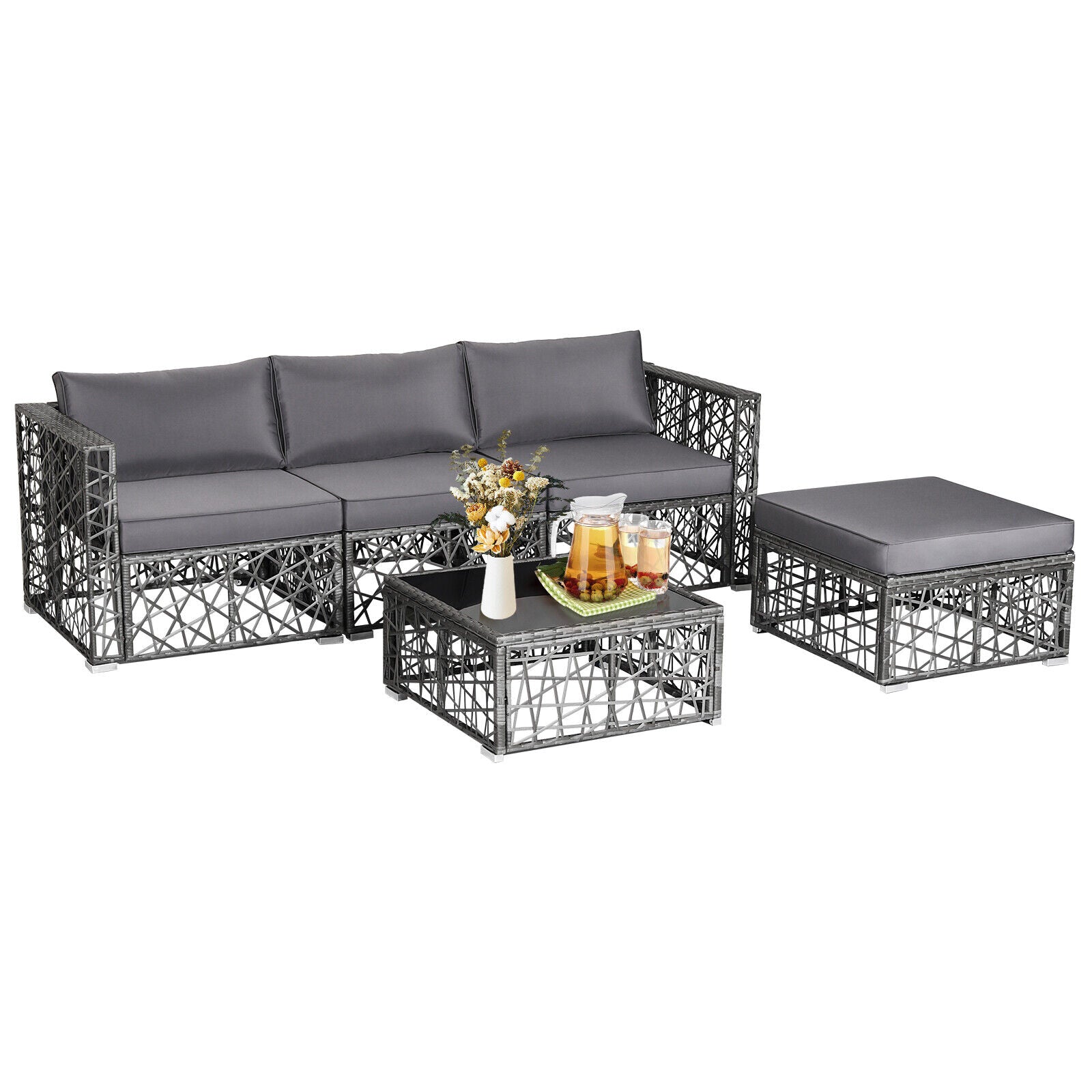 Costway 5-Pc Patio PE Rattan Wicker Sofa Furniture Set Gray 49013285 New