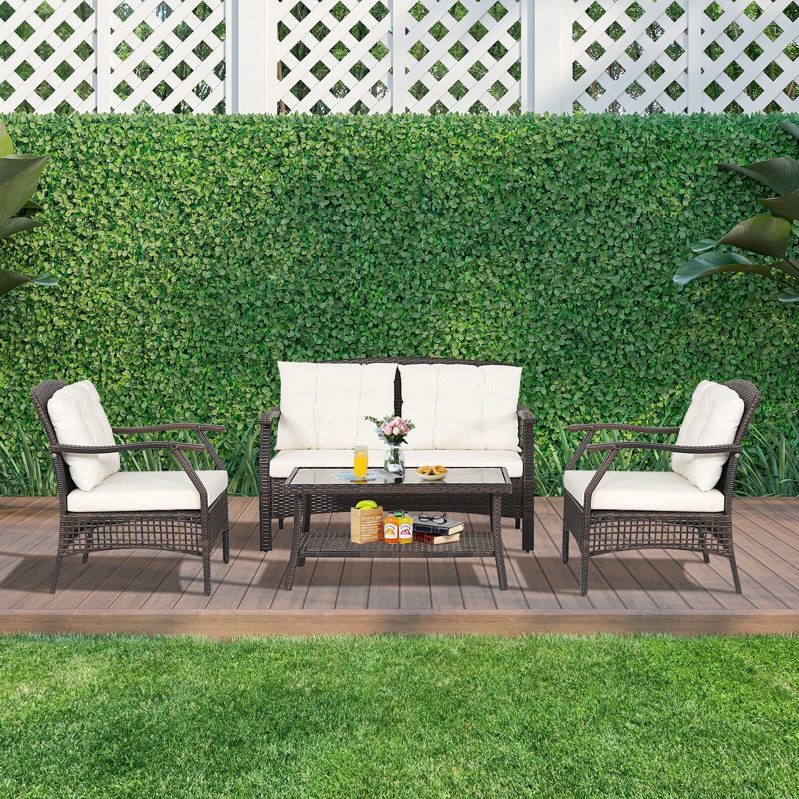 Costway 4-Pc Outdoor Rattan Patio Conversation Set w/ Protective Cover 89307412 New