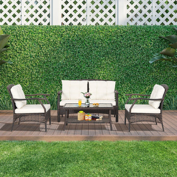 Costway 4-Pc Outdoor Rattan Patio Conversation Set w/ Protective Cover 89307412 New