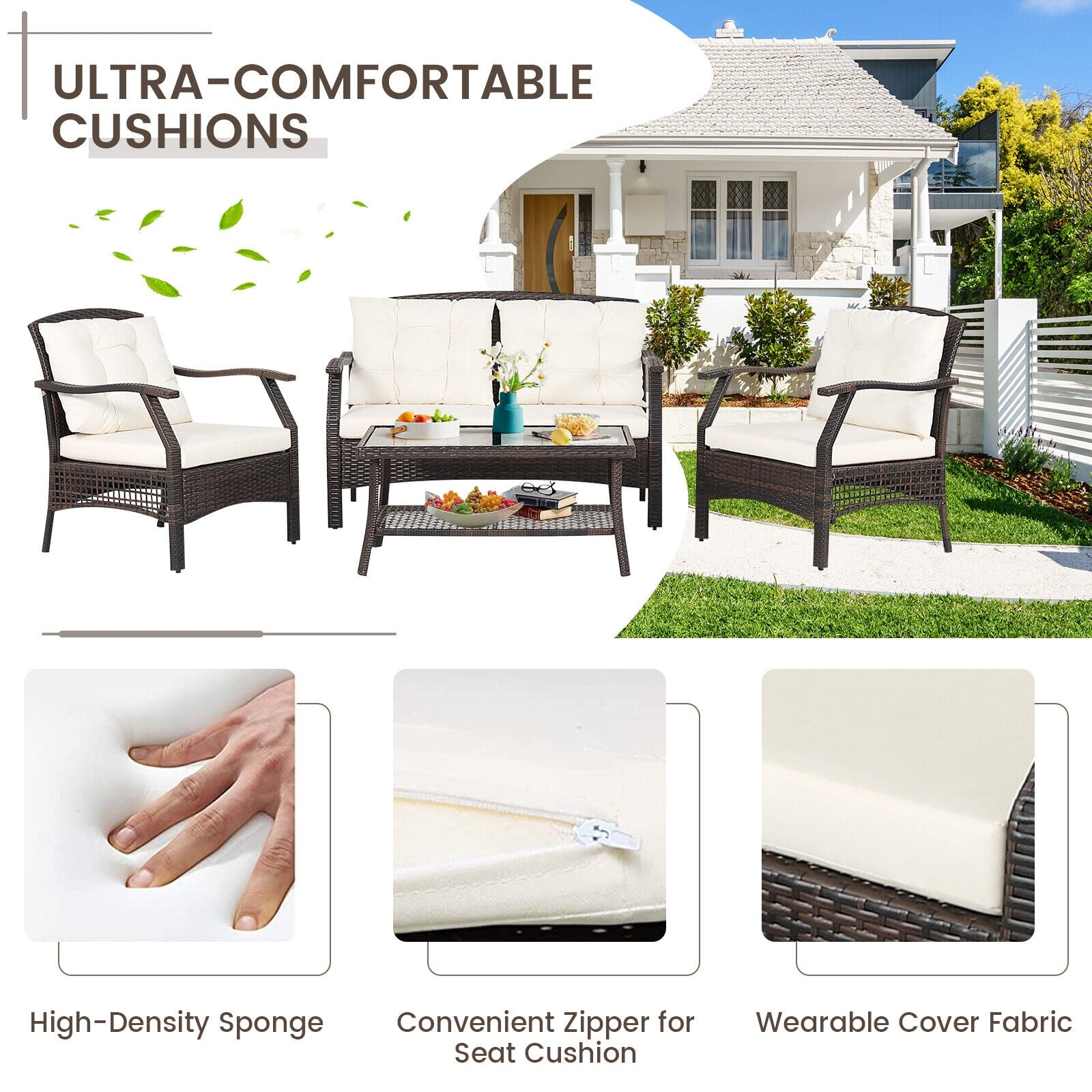 Costway 4-Pc Outdoor Rattan Patio Conversation Set w/ Protective Cover 89307412 New