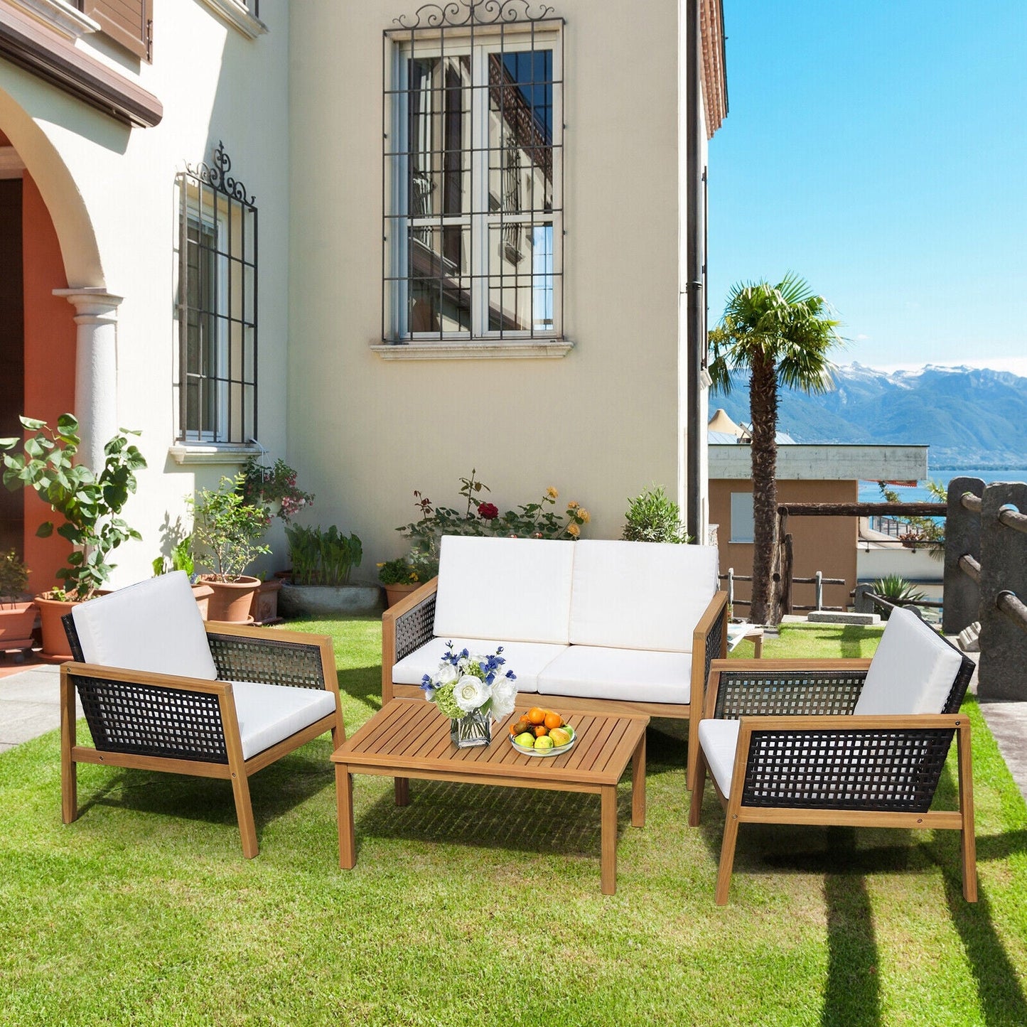 Costway 4-Piece Patio Rattan Furniture Set Removable Cushions White 42961830 New
