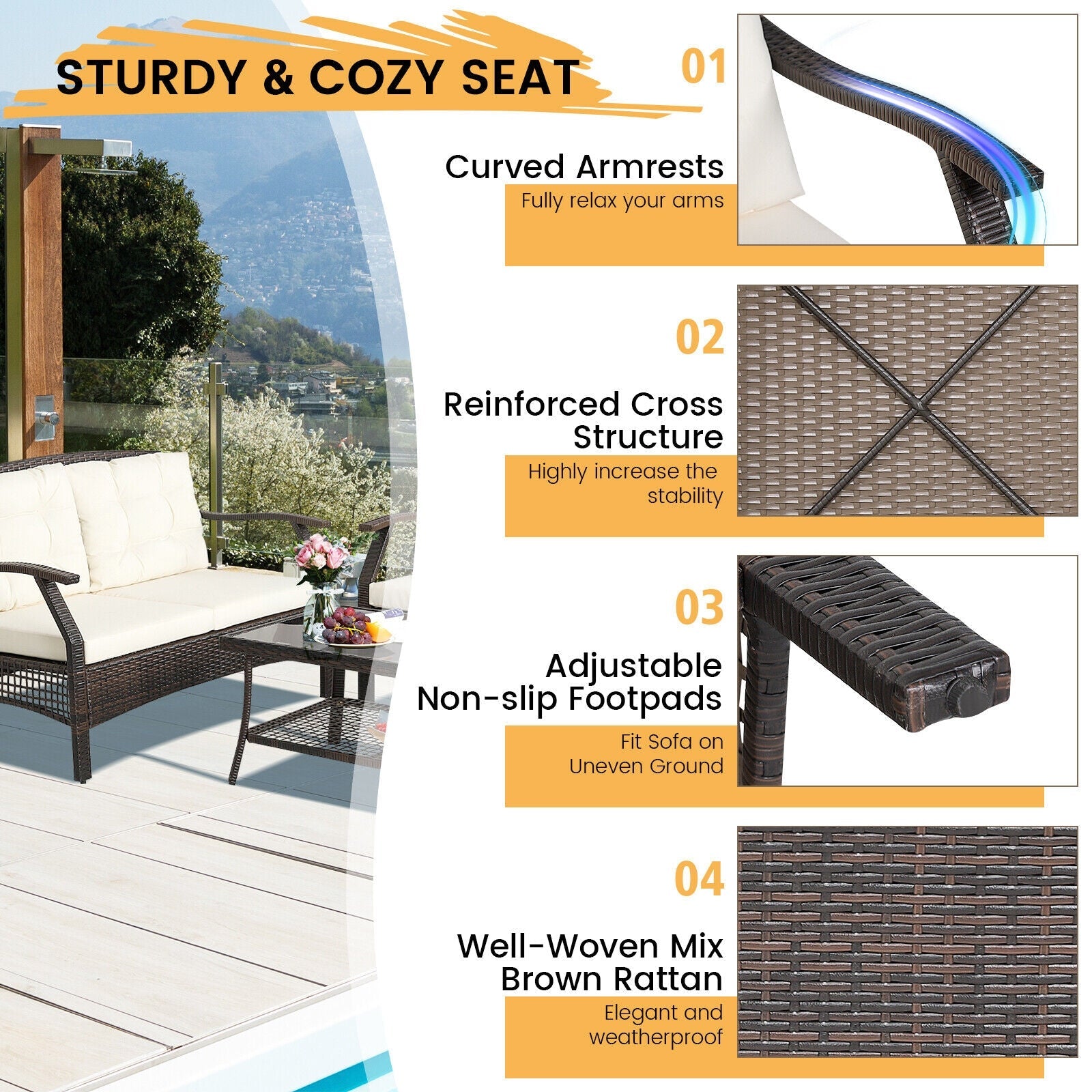 Costway 4-Pc Outdoor Rattan Patio Conversation Set w/ Protective Cover 89307412 New