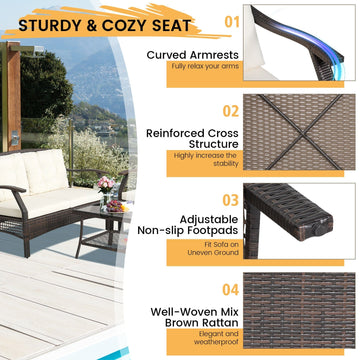 Costway 4-Pc Outdoor Rattan Patio Conversation Set w/ Protective Cover 89307412 New