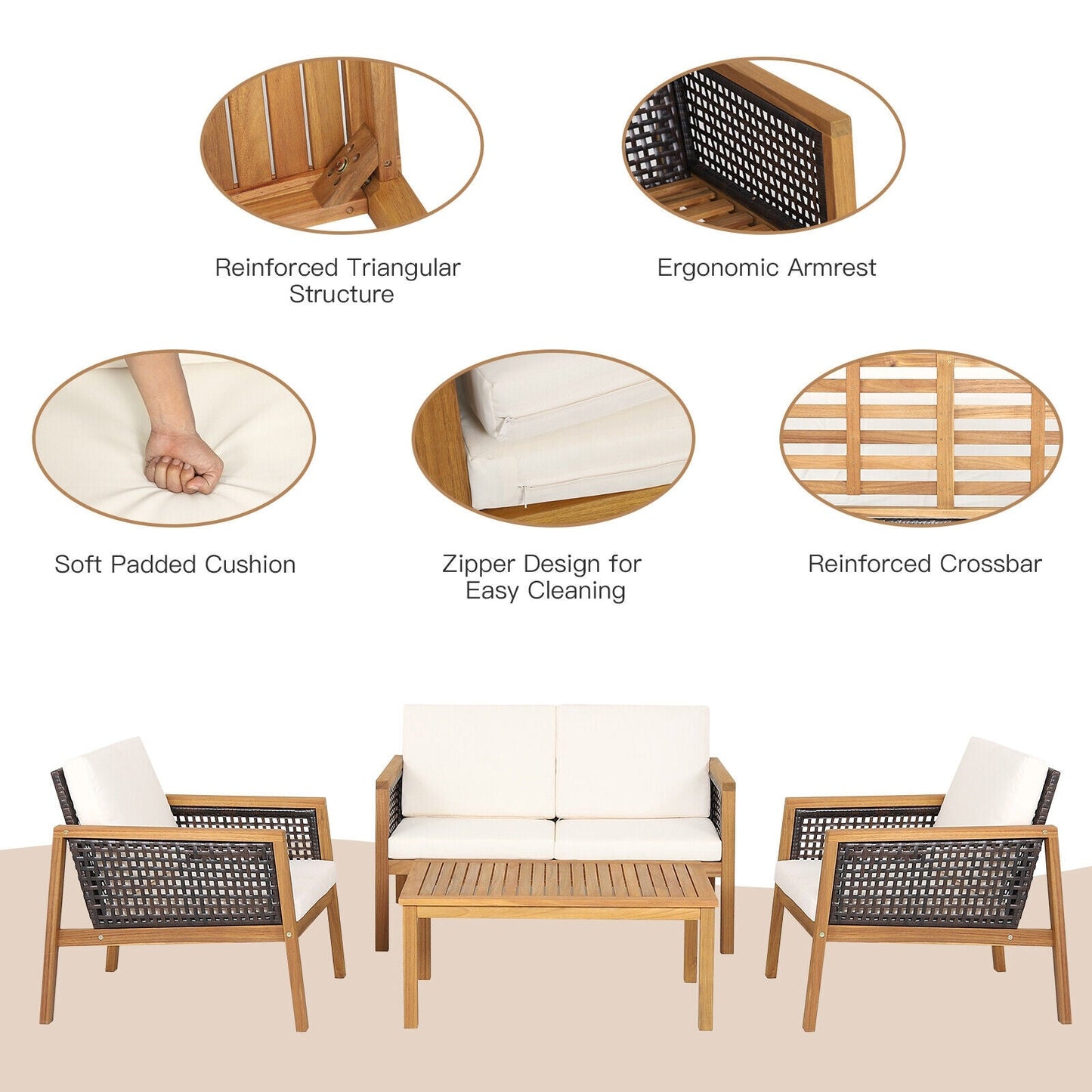 Costway 4-Piece Patio Rattan Furniture Set Removable Cushions White 42961830 New