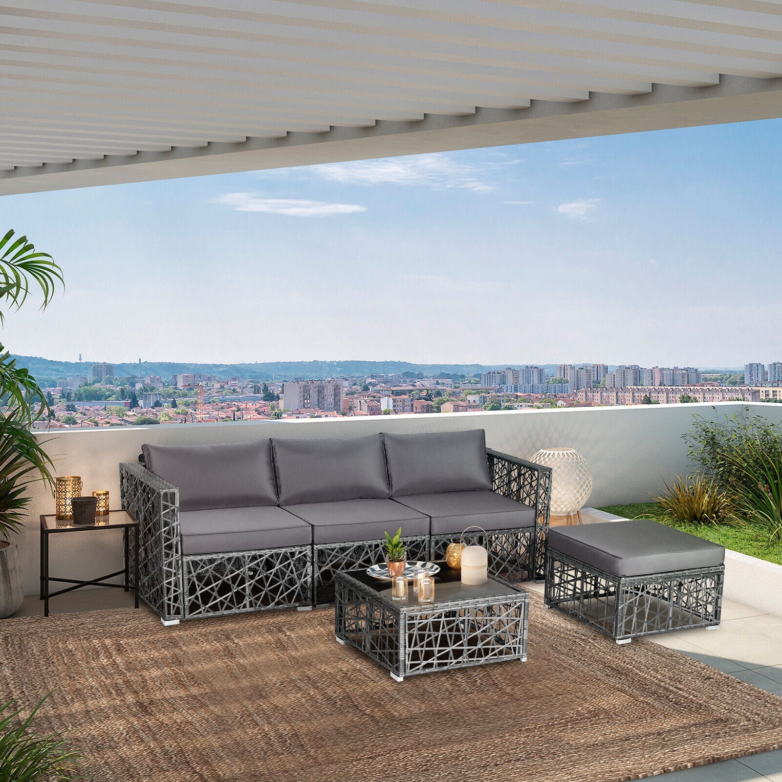 Costway 5-Pc Patio PE Rattan Wicker Sofa Furniture Set Gray 49013285 New