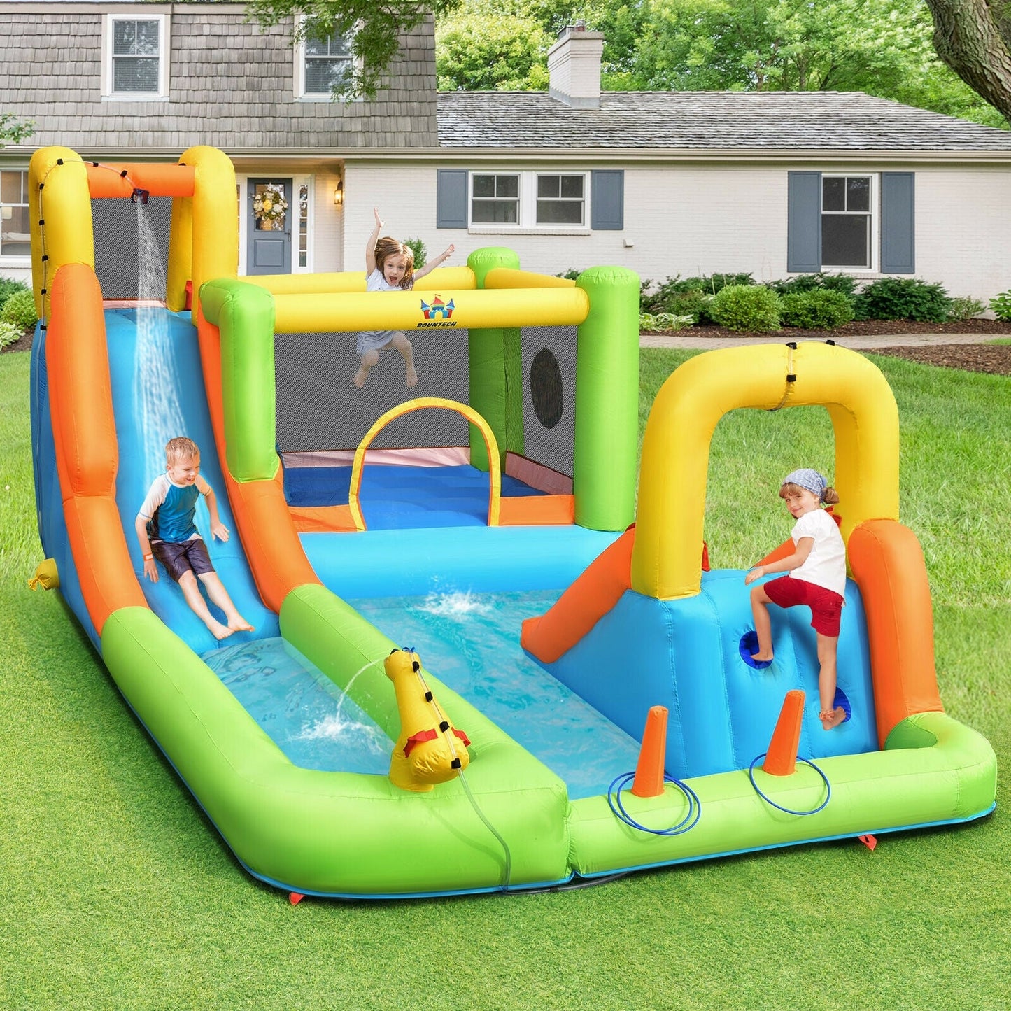 Costway 8-in-1 Inflatable Water Slide Bounce House Splash Pool w/ 735W Blower 85693124 New