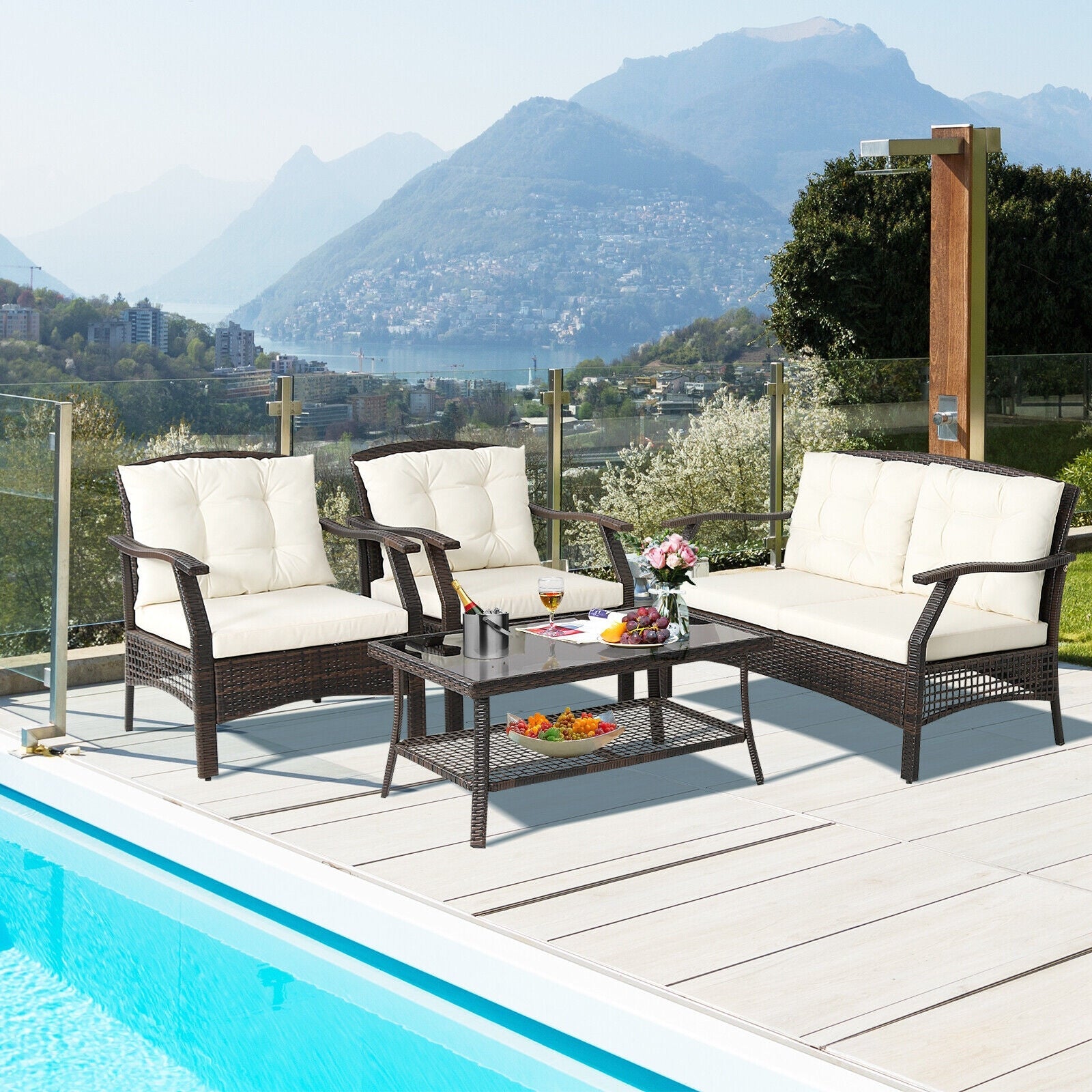 Costway 4-Pc Outdoor Rattan Patio Conversation Set w/ Protective Cover 89307412 New
