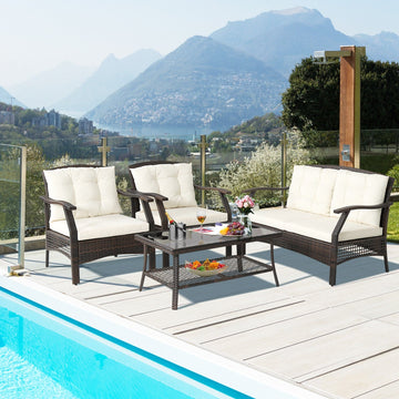 Costway 4-Pc Outdoor Rattan Patio Conversation Set w/ Protective Cover 89307412 New