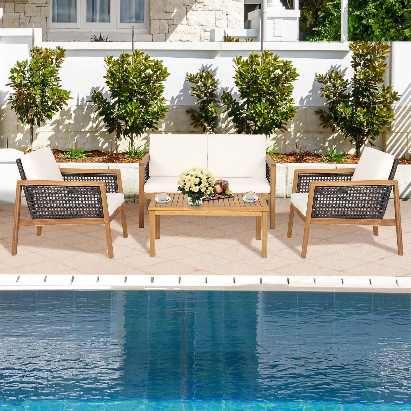 Costway 4-Piece Patio Rattan Furniture Set Removable Cushions White 42961830 New