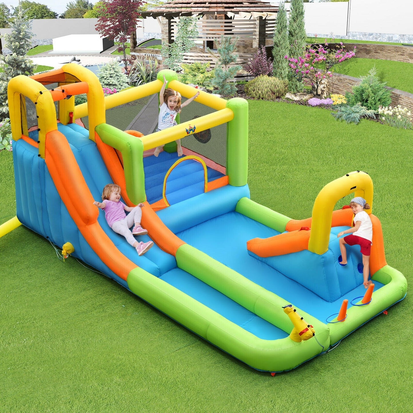 Costway 8-in-1 Inflatable Water Slide Bounce House Splash Pool w/ 735W Blower 85693124 New